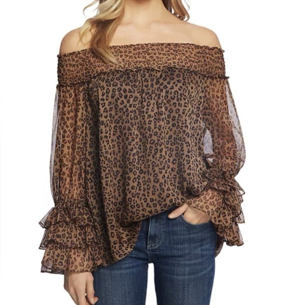 CeCe Brown Leopard Print Off-Shoulder Blouse